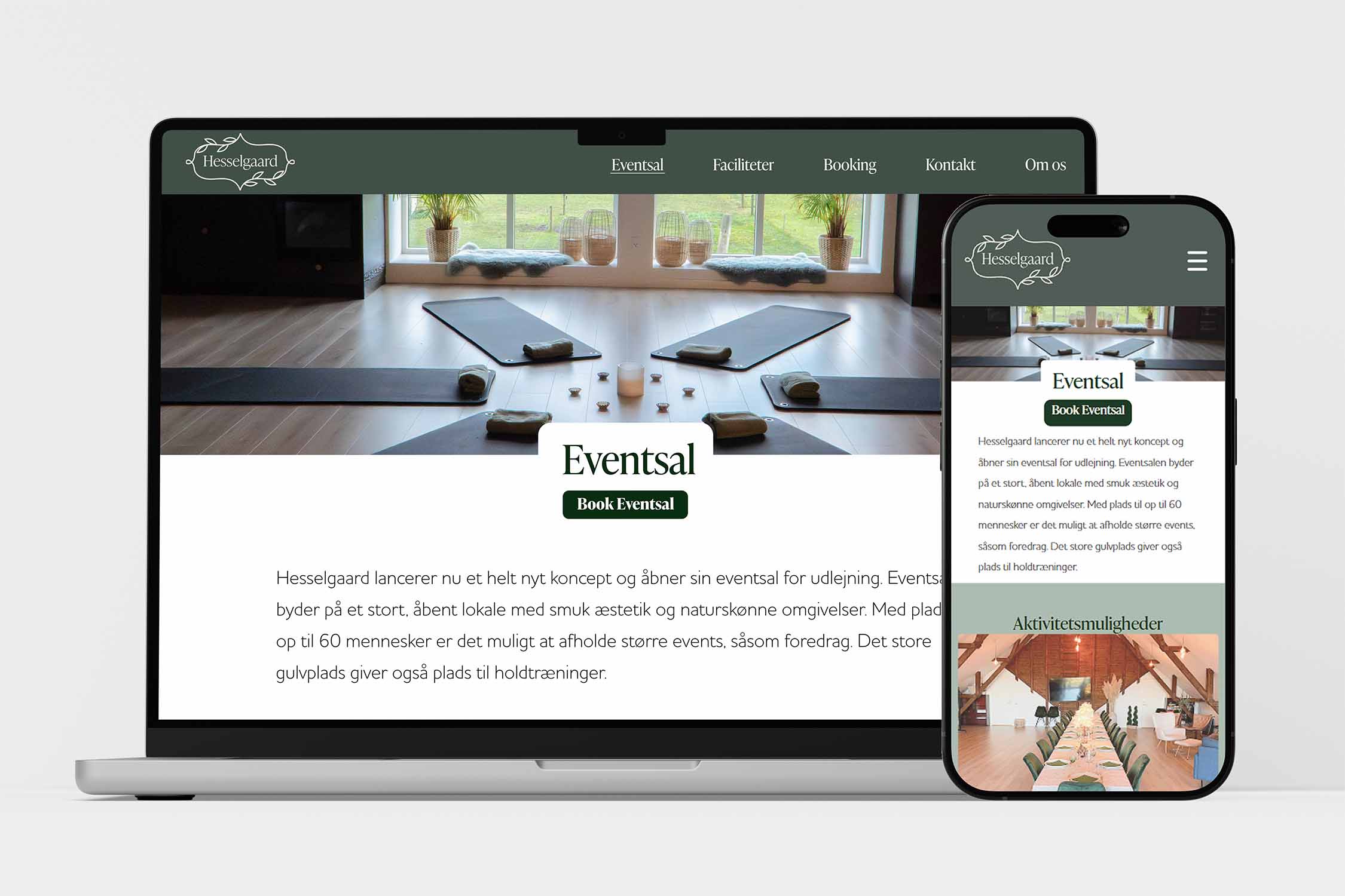 Mockup af Hesselgaard hjemmeside på laptop og mobil med eventsal
