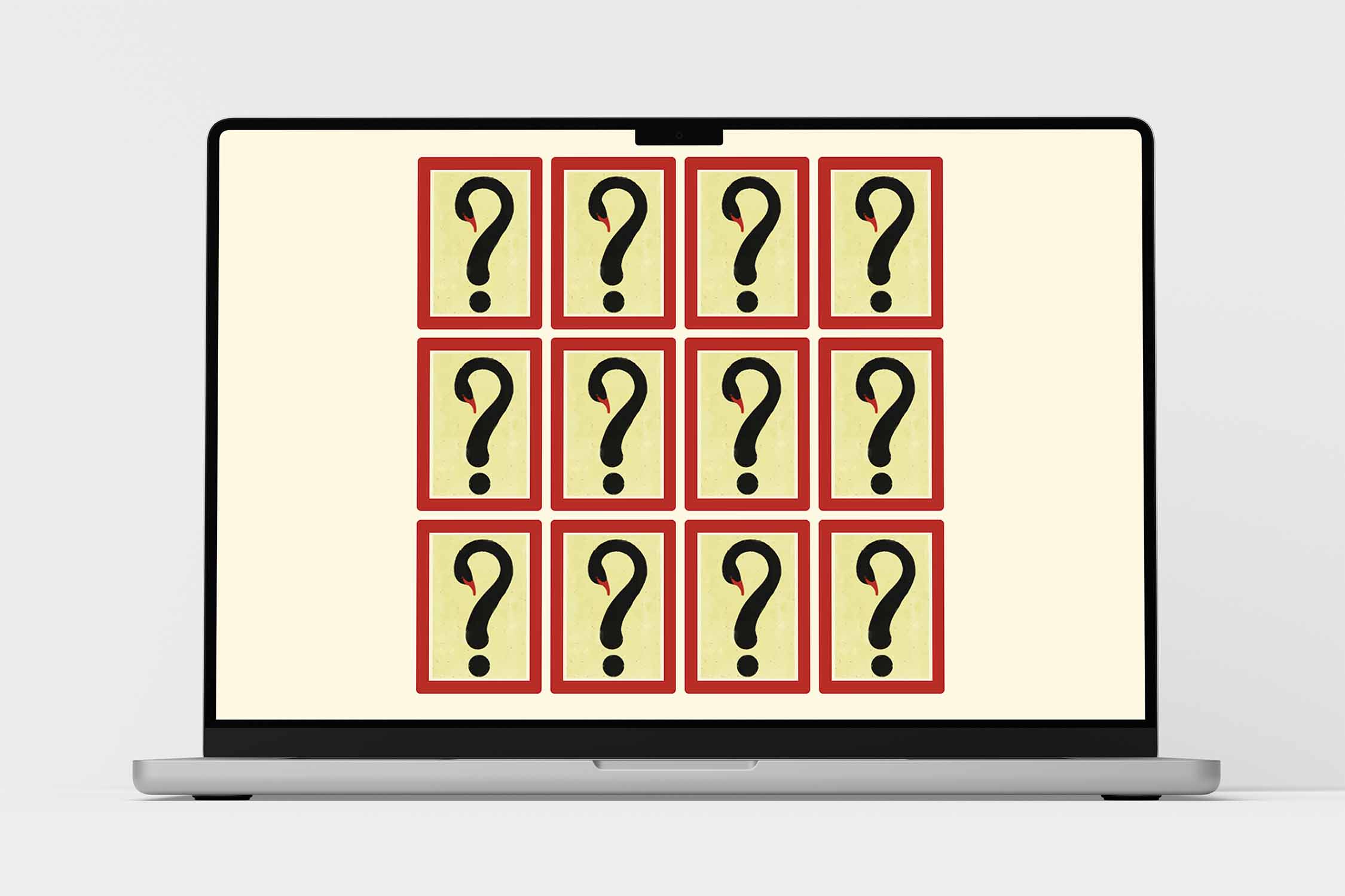 Laptop mockup der viser et vendespil med kort og spørgsmålstegn